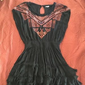 Ecote smocked black mini dress w/red embroidery Sm
